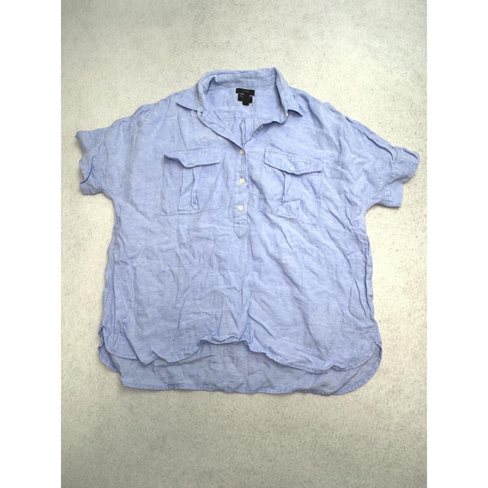 J.Crew Shirt Women's 6 Blue Baird McNutt Irish Linen Tunic Short Sleeve Roll Tab